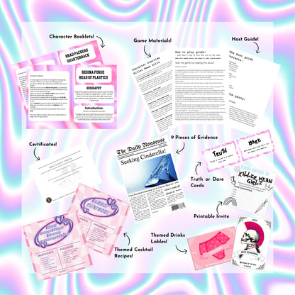 Character booklets, game materials, a host guide, 9 pieces of evidence, truth or dare cards, certificates, themed cocktails and drink labels, and printable invitations