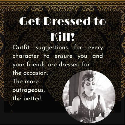 Costume ideas for a 1920s themed murder mystery party. Players dressed to match the party theme for an immersive murder mystery experience.
