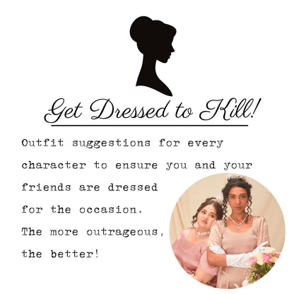 Costume ideas for a Bridgerton themed murder mystery party. Players dressed to match the party theme for an immersive murder mystery experience.
