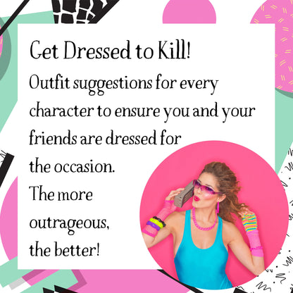 Costume ideas for a 1980s themed murder mystery party. Players dressed to match the party theme for an immersive murder mystery experience.
