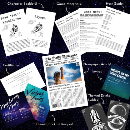 Murder mystery party game download includes full host guide, character scripts, and party setup help, fun extras including murder mystery game invitation.
