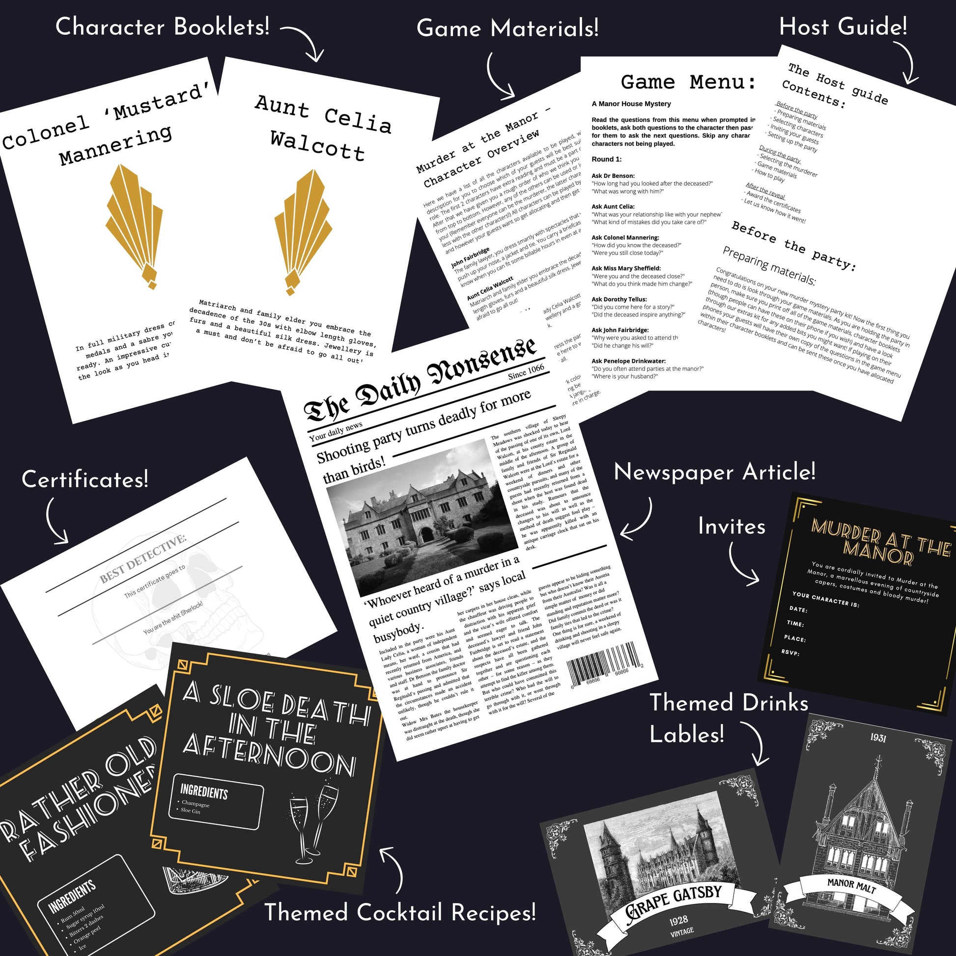 Murder mystery party game download includes full host guide, character scripts, and party setup help, fun extras including murder mystery game invitation.
