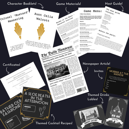 Murder mystery party game download includes full host guide, character scripts, and party setup help, fun extras including murder mystery game invitation.

