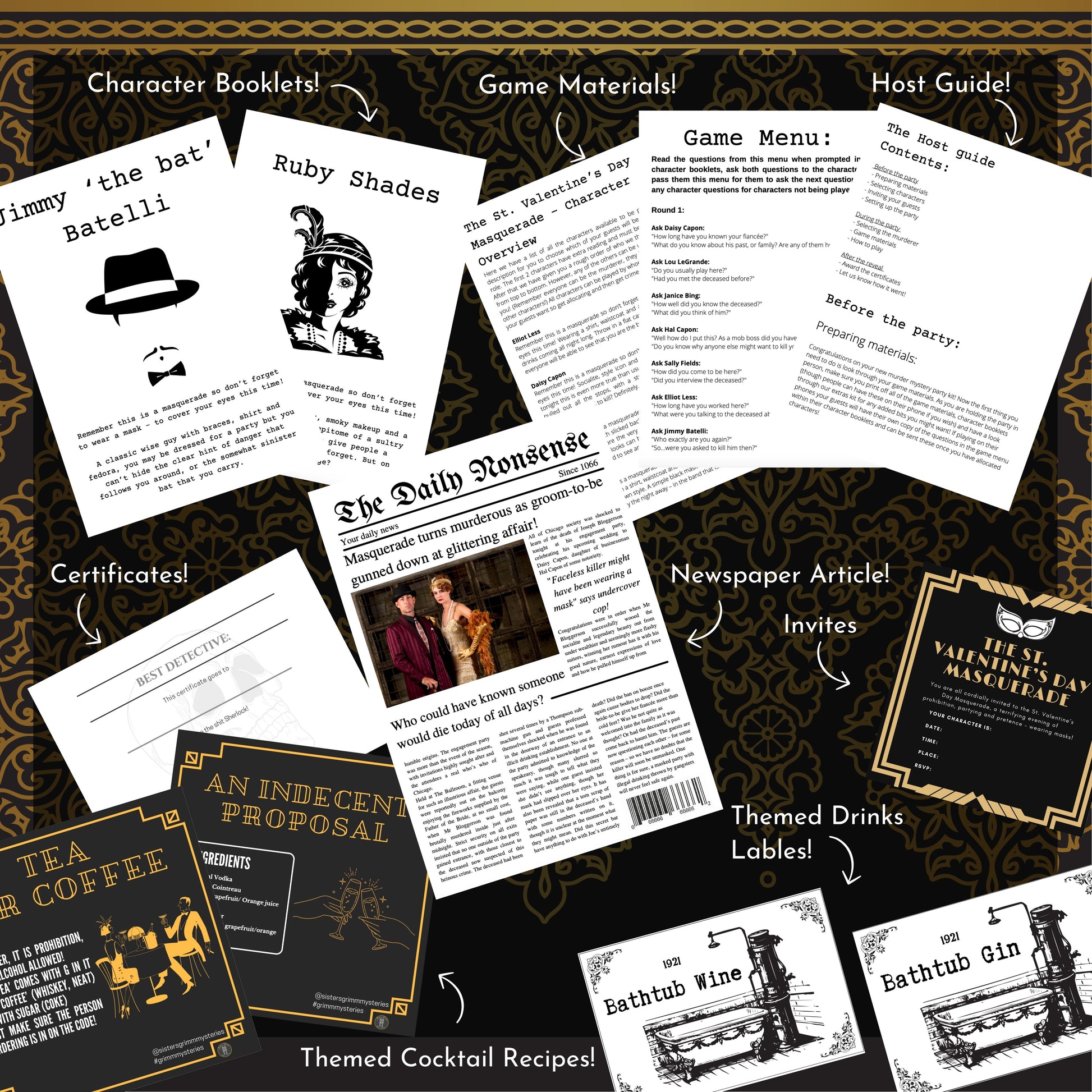 Murder mystery party game download includes full host guide, character scripts, and party setup help, fun extras including murder mystery game invitation.

