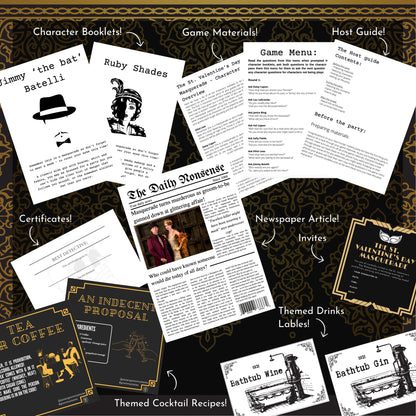 Murder mystery party game download includes full host guide, character scripts, and party setup help, fun extras including murder mystery game invitation.
