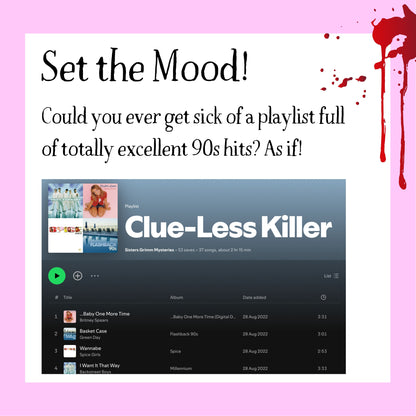 Curated Spotify playlist to set the mood for your 90s murder mystery dinner party. Background music to enhance immersive gameplay.
