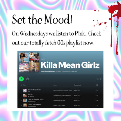 Curated Spotify playlist to set the mood for your 2000 murder mystery dinner party. Background music to enhance immersive gameplay.