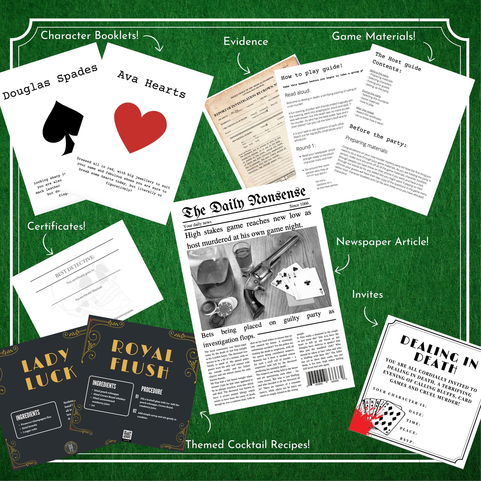Murder mystery party game download includes full host guide, character scripts, and party setup help, fun extras including murder mystery game invitation.
