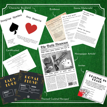 Murder mystery party game download includes full host guide, character scripts, and party setup help, fun extras including murder mystery game invitation.
