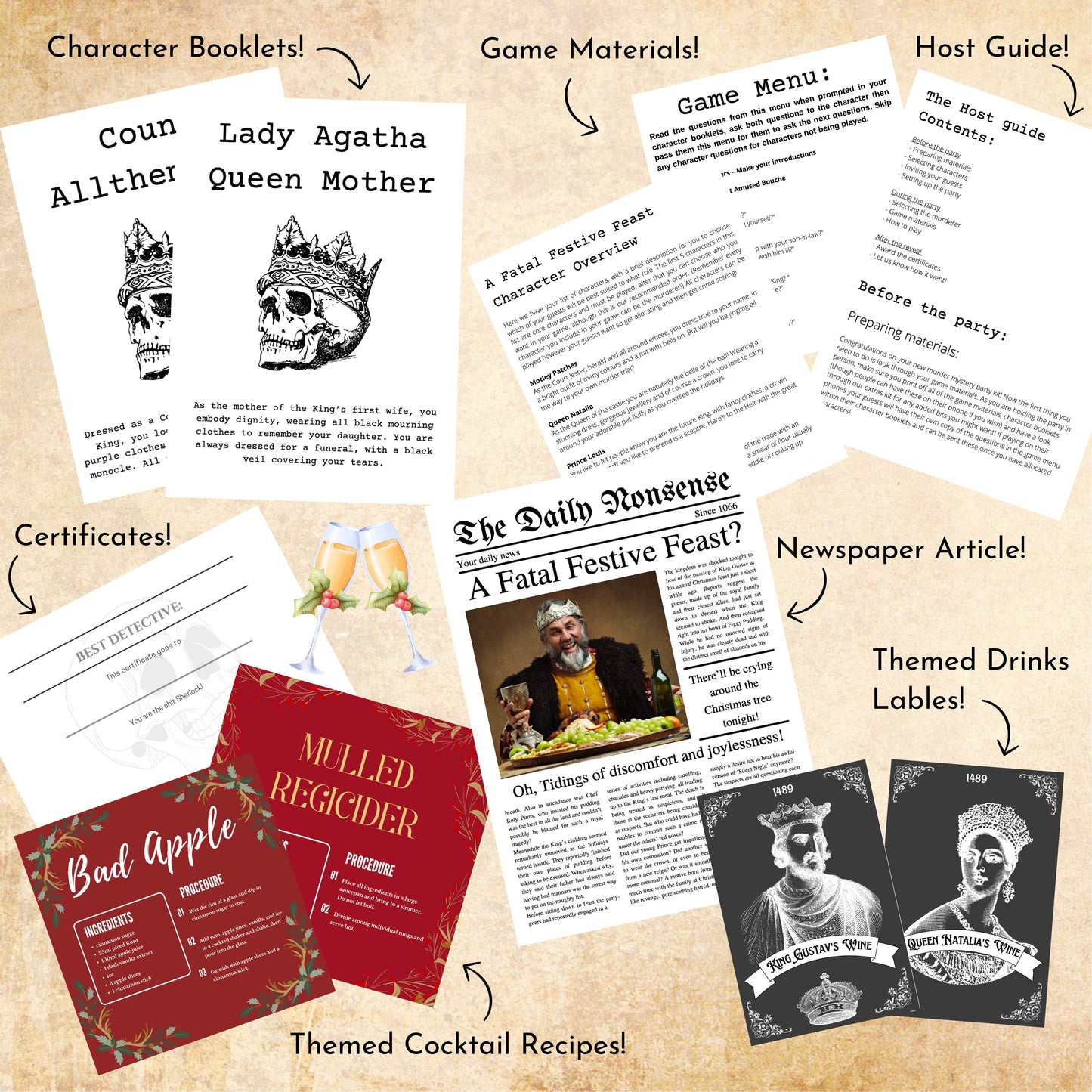 Character booklets, game materials, a host guide, newspaper article, certificates, themed cocktails and drink labels, and printable invitations