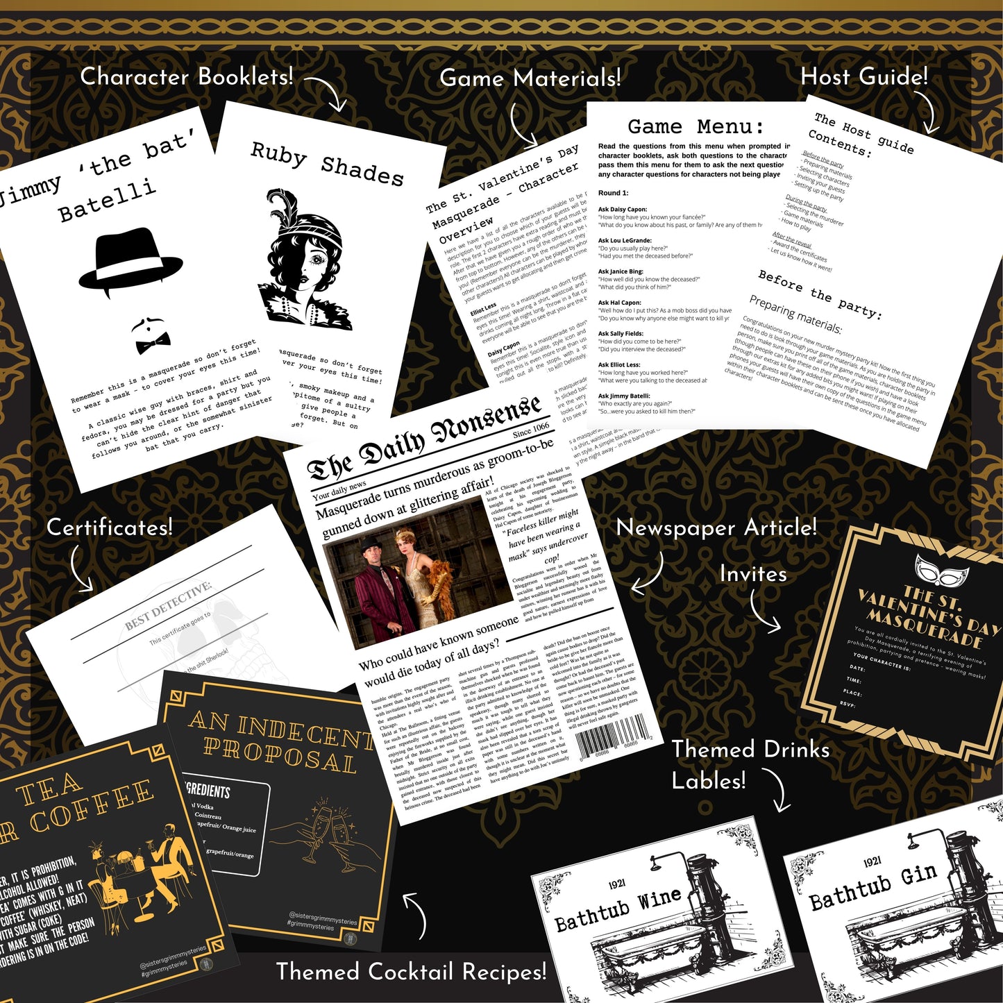 Murder mystery party game download includes full host guide, character scripts, and party setup help, fun extras including murder mystery game invitation.
