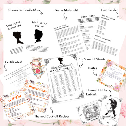 Murder mystery party game download includes full host guide, character scripts, and party setup help, fun extras including murder mystery game invitation.
