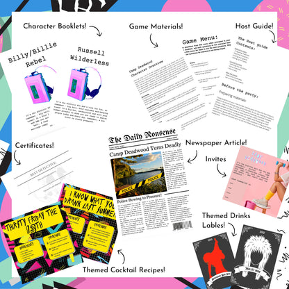 Murder mystery party game download includes full host guide, character scripts, and party setup help.
