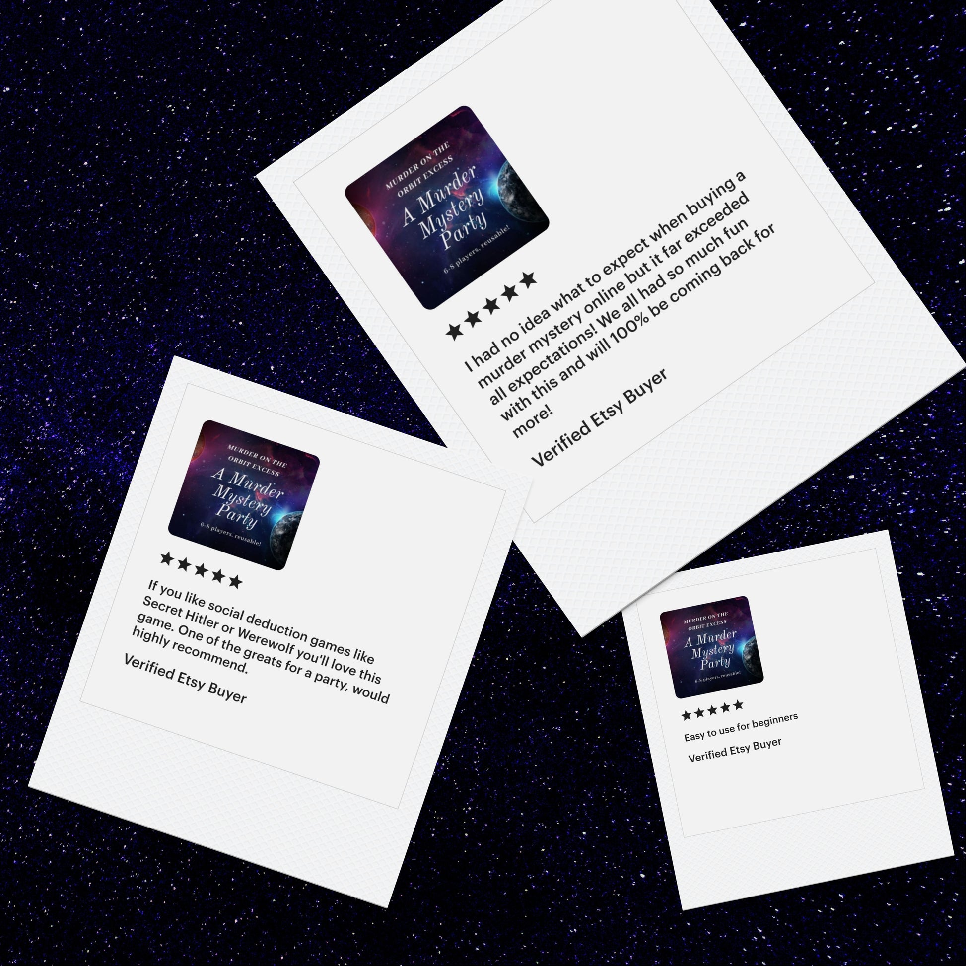 5-star reviews from verified customers playing Sisters Grimm Games’ Space themed printable murder mystery. Happy party guests dressed up and solving mysteries.
