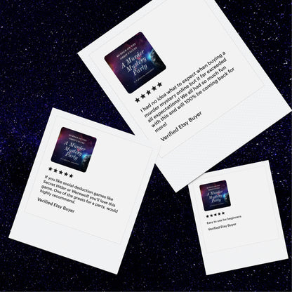 5-star reviews from verified customers playing Sisters Grimm Games’ Space themed printable murder mystery. Happy party guests dressed up and solving mysteries.
