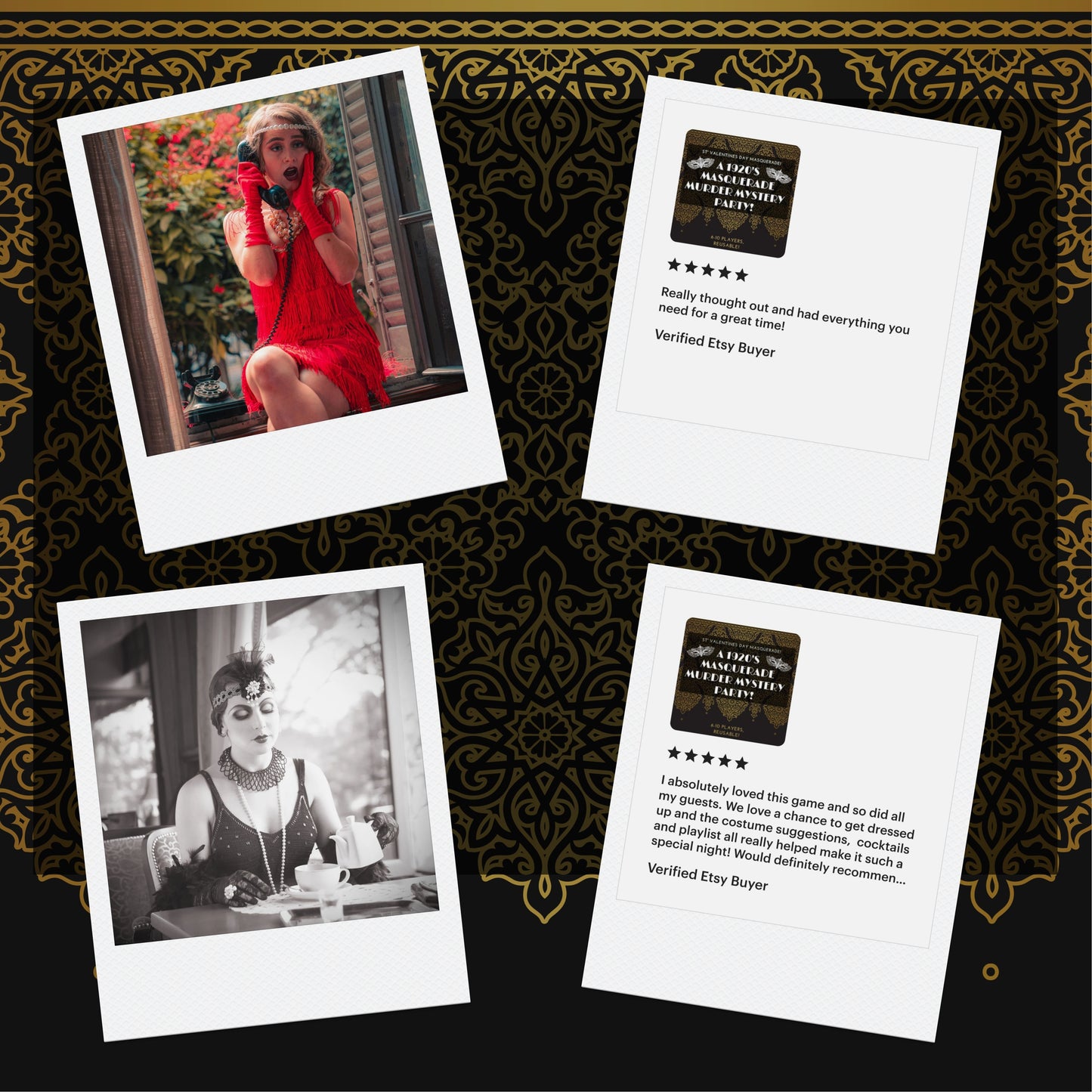5-star reviews from verified customers playing Sisters Grimm Games’ 1920s themed printable murder mystery. Happy party guests dressed up and solving mysteries.
