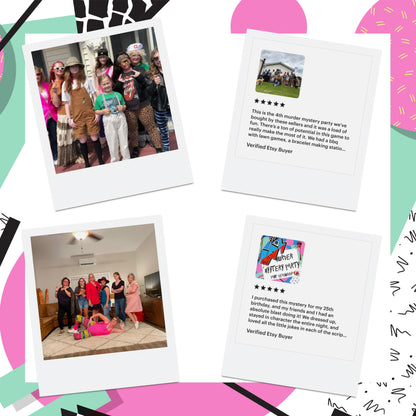 5-star reviews from verified customers playing Sisters Grimm Games’ 1980s printable murder mystery. Happy party guests dressed up and solving mysteries.
