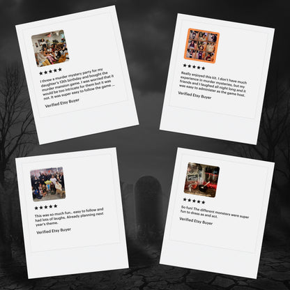 5-star reviews from verified customers playing Sisters Grimm Games’ Halloween themed printable murder mystery. Happy party guests dressed up and solving mysteries.
