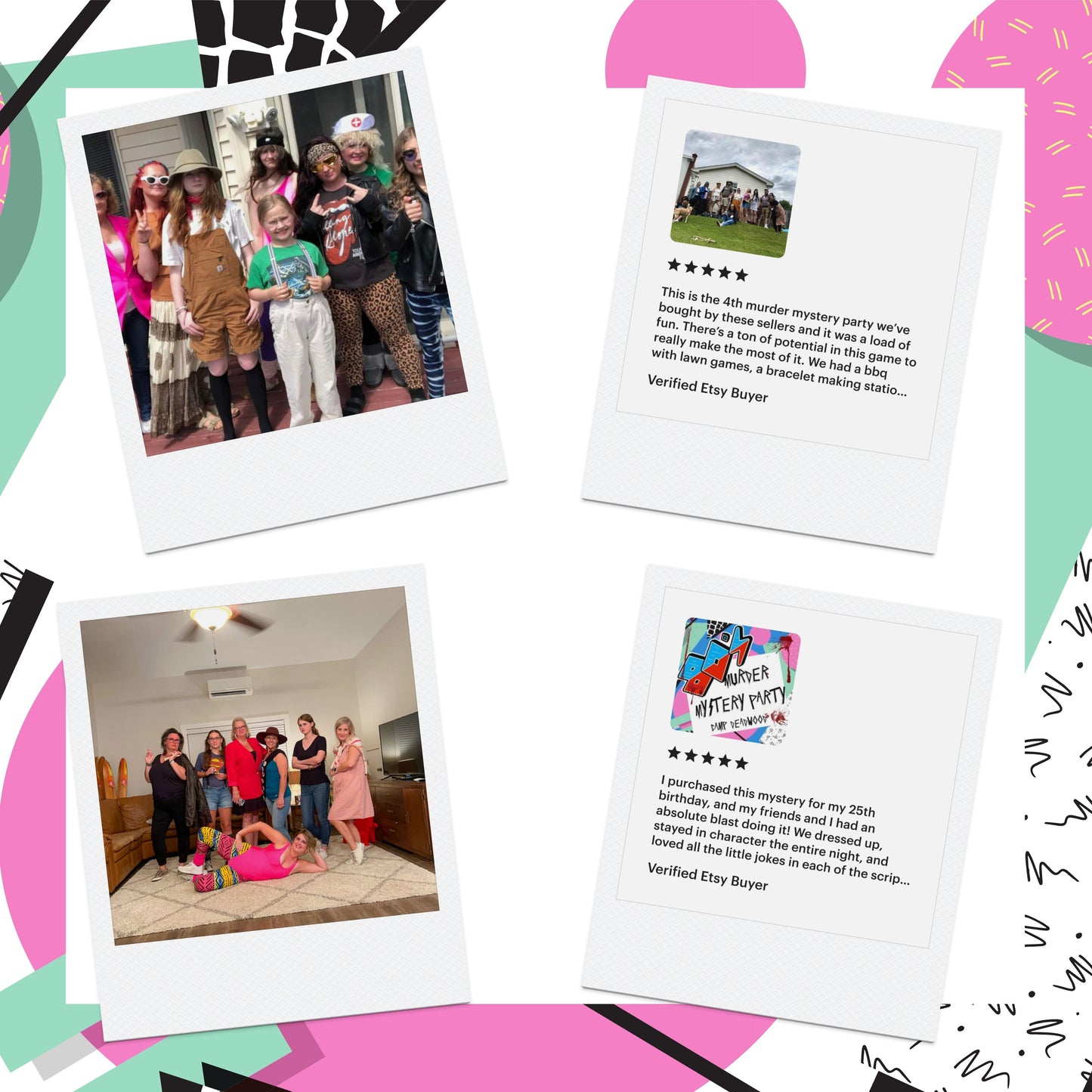 5-star reviews from verified customers playing Sisters Grimm Games’ 1980s printable murder mystery. Happy party guests dressed up and solving mysteries.
