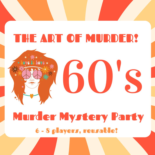 Fun and colourful fully scripted 1960s art themed murder mystery party game for 6-8 players