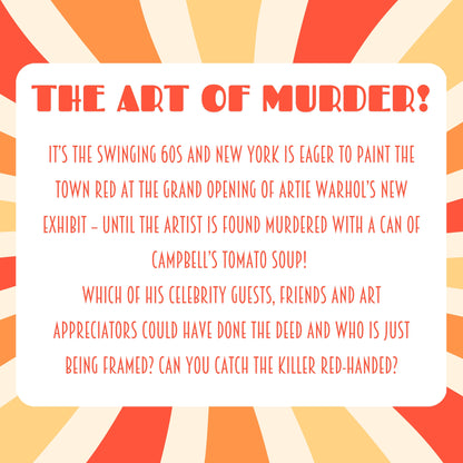 Game plot for ‘Killer 60s Festival'' murder mystery party. Includes story setup, victim intro, and invitation to solve the case in a printable mystery dinner game.
