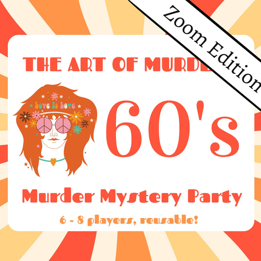 Fun and colourful fully scripted 1960s art themed murder mystery party game for 6-8 players Zoom