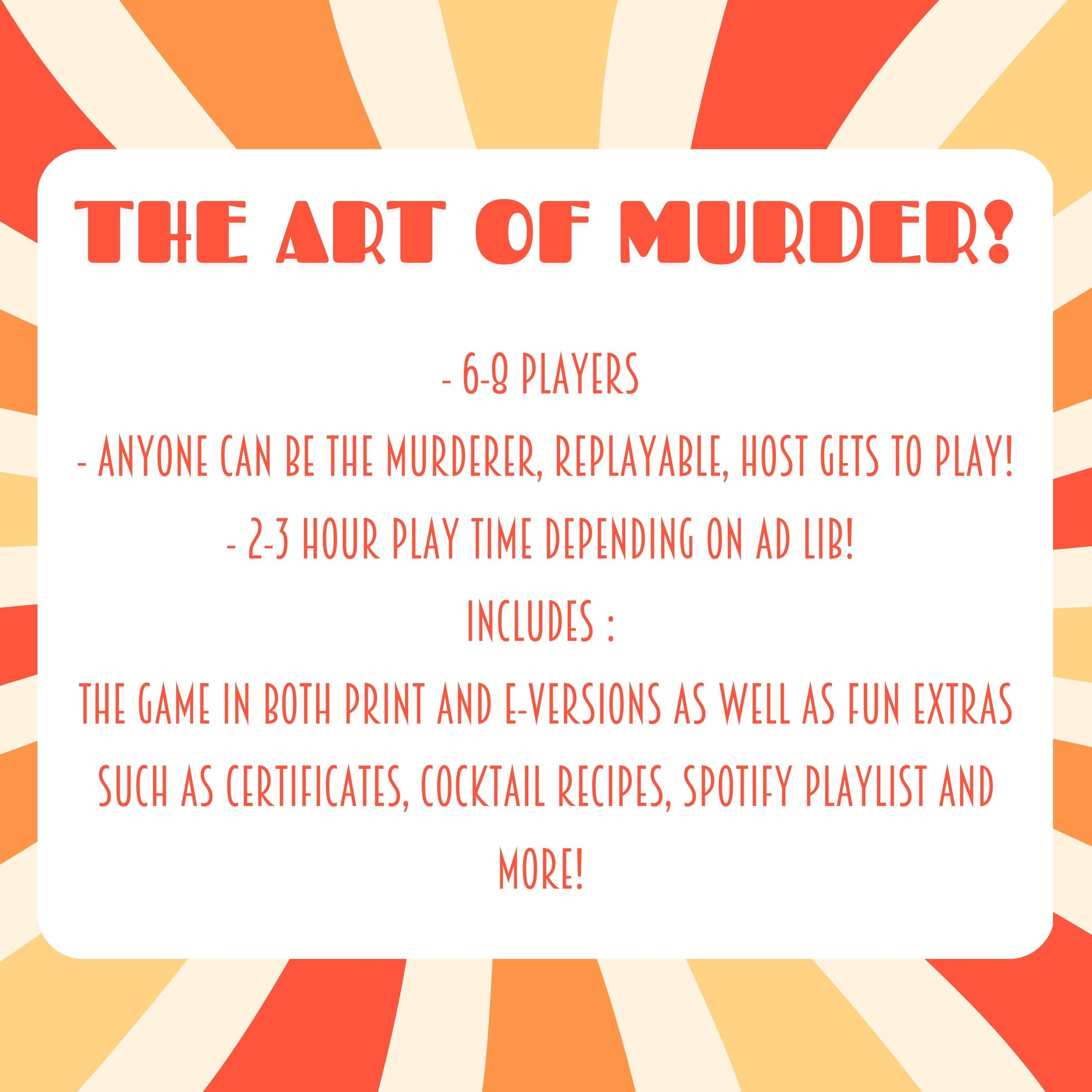 Details of the printable 1960s murder mystery game including 6-8 players, host gets to play, and 2 hour play time. Downloadable murder mystery party kit for home entertainment.
