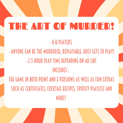 Details of the printable 1960s murder mystery game including 6-8 players, host gets to play, and 2 hour play time. Downloadable murder mystery party kit for home entertainment.
