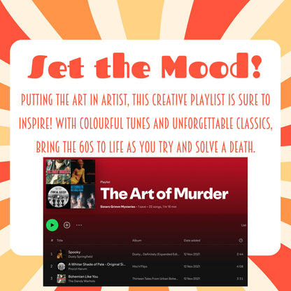 Curated Spotify playlist to set the mood for your 1960s murder mystery dinner party. Background music to enhance immersive gameplay.
