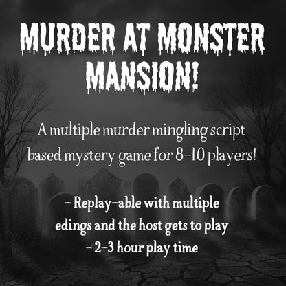 Details of the printable Halloween themed murder mystery game including 8-10 players, host gets to play, and 2-3 hour play time. Downloadable murder mystery party kit for home entertainment.
