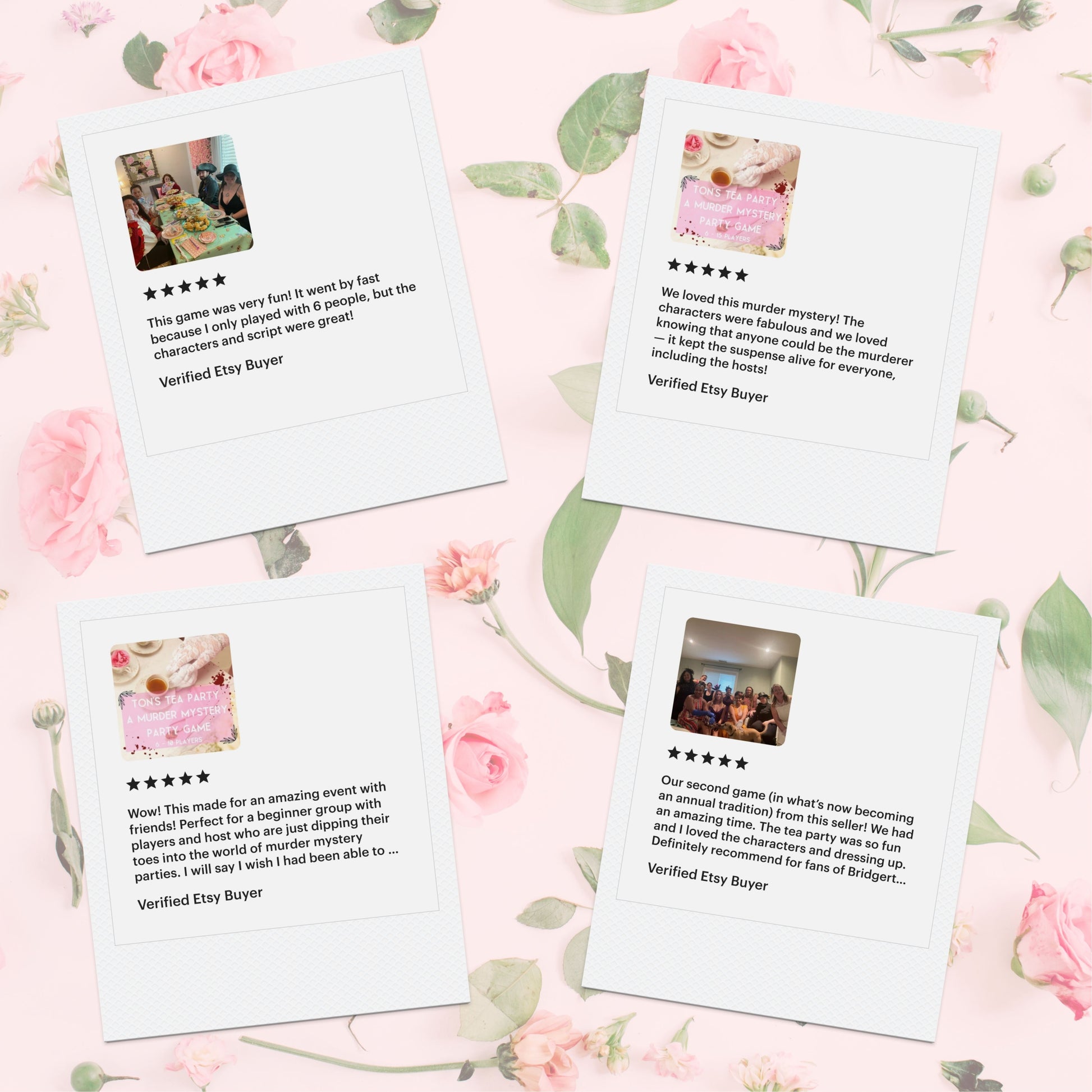 5-star reviews from verified customers playing Sisters Grimm Games’ Bridgerton Inspired printable murder mystery. Happy party guests dressed up and solving mysteries.

