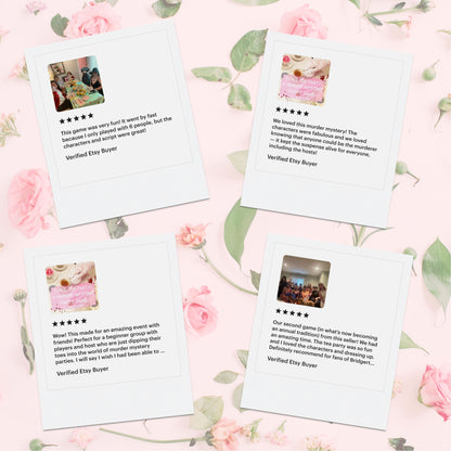 5-star reviews from verified customers playing Sisters Grimm Games’ Bridgerton Inspired printable murder mystery. Happy party guests dressed up and solving mysteries.

